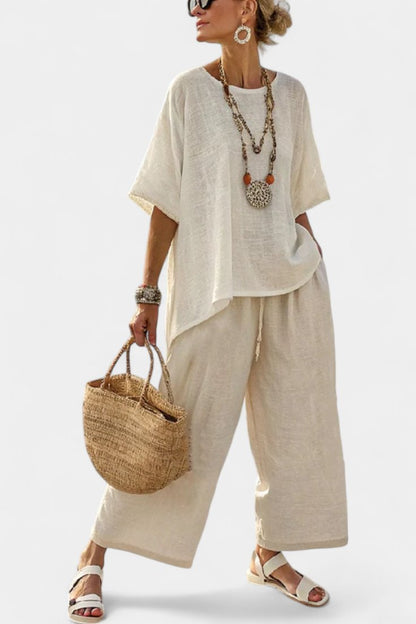 Eva | Conjunto para mujer con blusa asimétrica y pantalón ancho