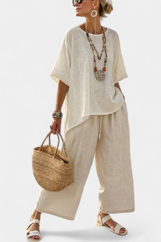Eva | Conjunto para mujer con blusa asimétrica y pantalón ancho