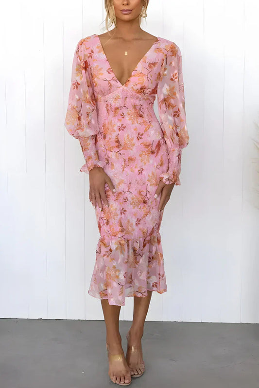 Genoveva | Vestido midi floral para invitada de boda con escote en V