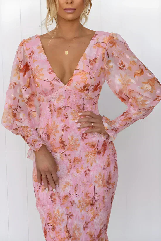 Genoveva | Vestido midi floral para invitada de boda con escote en V