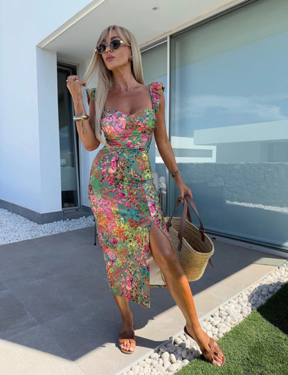 Elvara | Vestido midi para mujer con escote corazón y abertura lateral