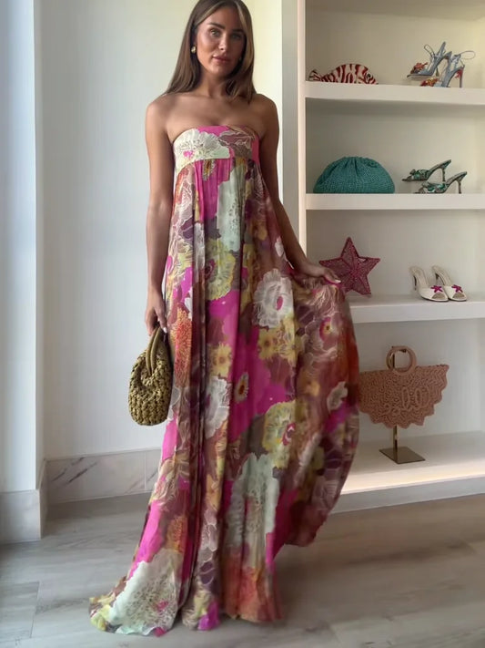 Lurevia | Women's strapless maxi wedding dress with floral design